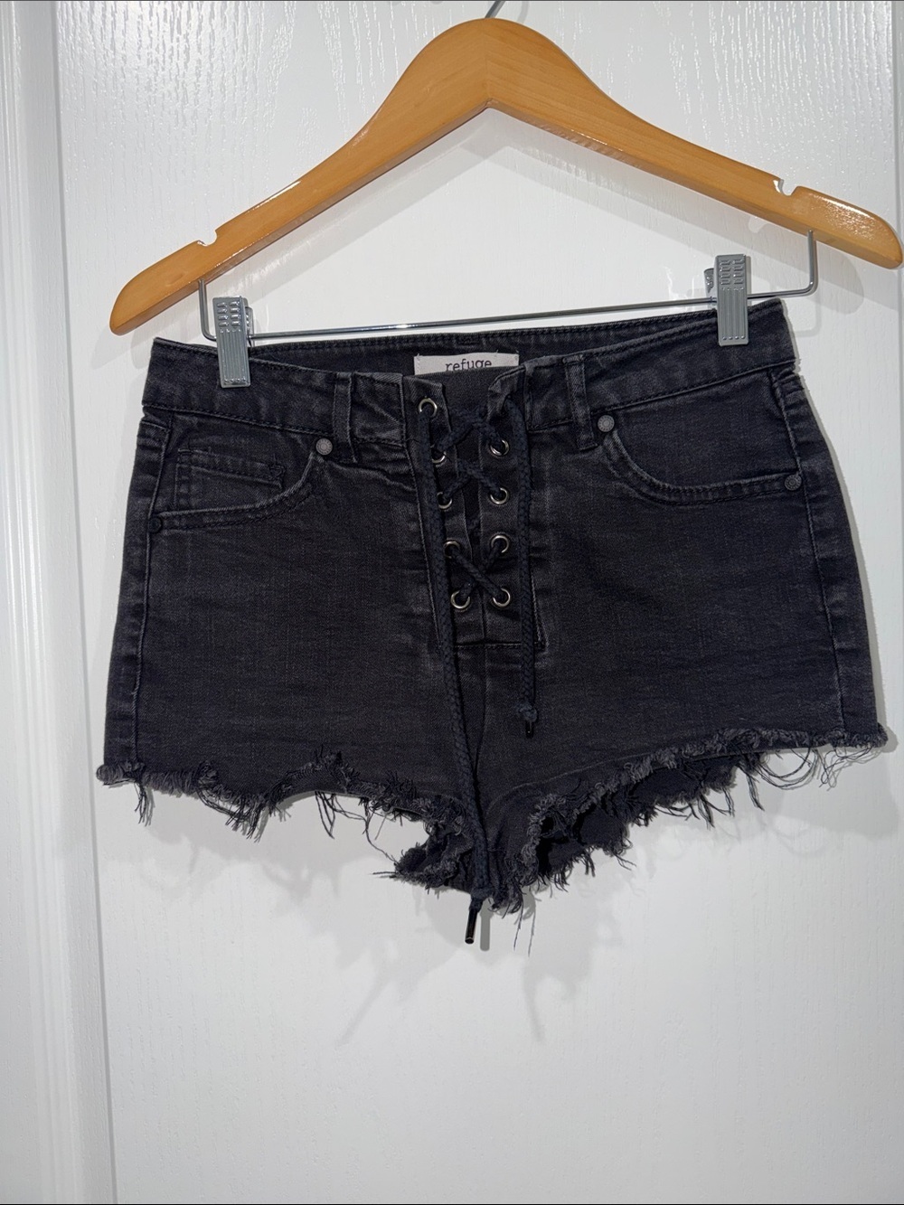 Refuge Denim Shorts Women 4 Black Lace Up Front Raw Hem High Waisted Distressed